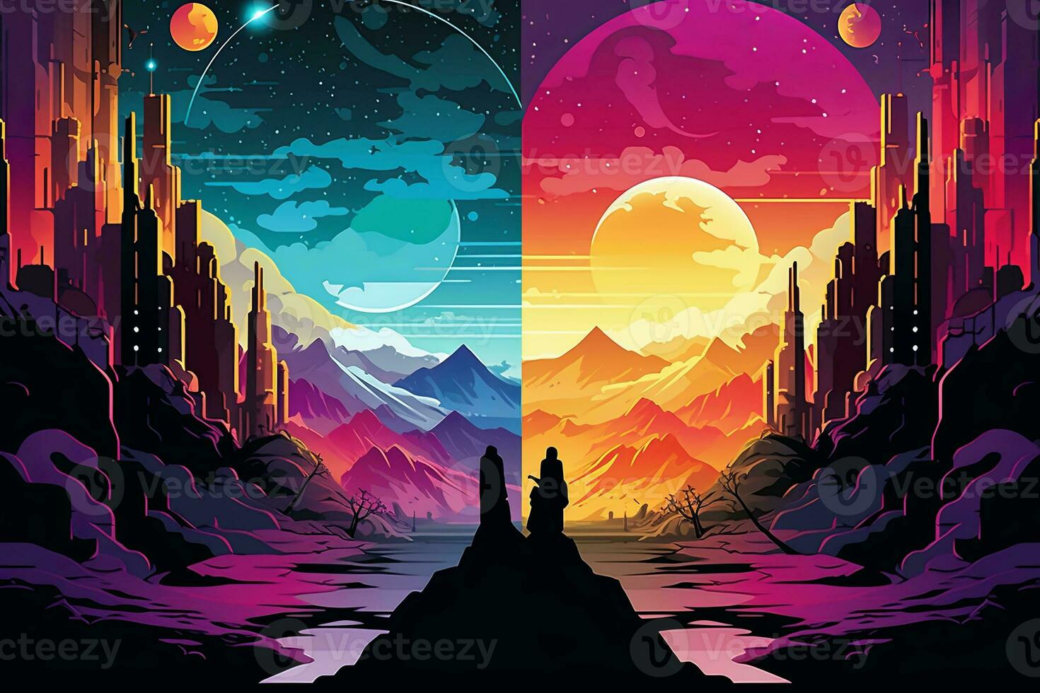 Colorful Cosmic Futuristic Landscape of a Parallel Universe Illustration generative AI photo