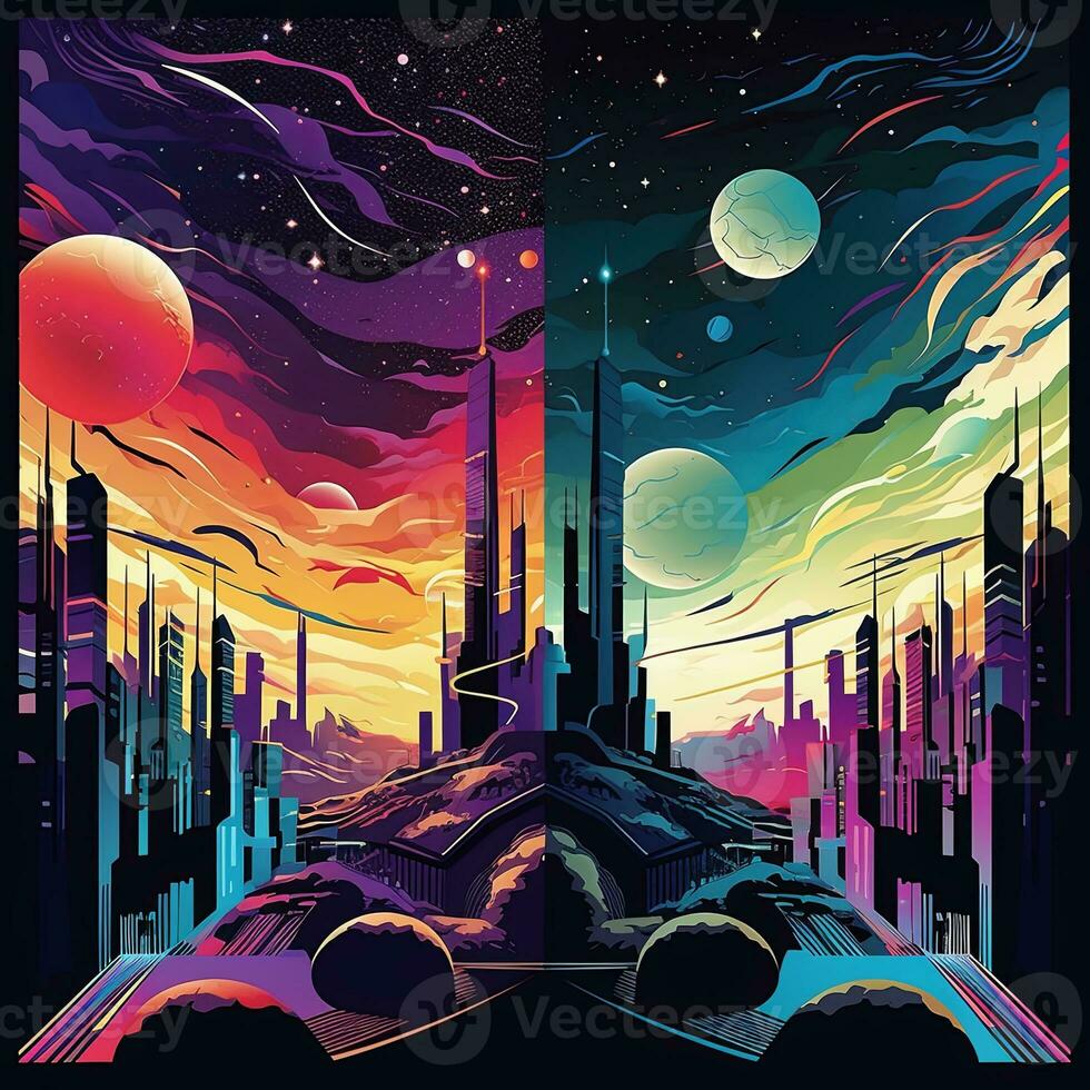 Colorful Cosmic Futuristic Landscape of a Parallel Universe Illustration generative AI photo
