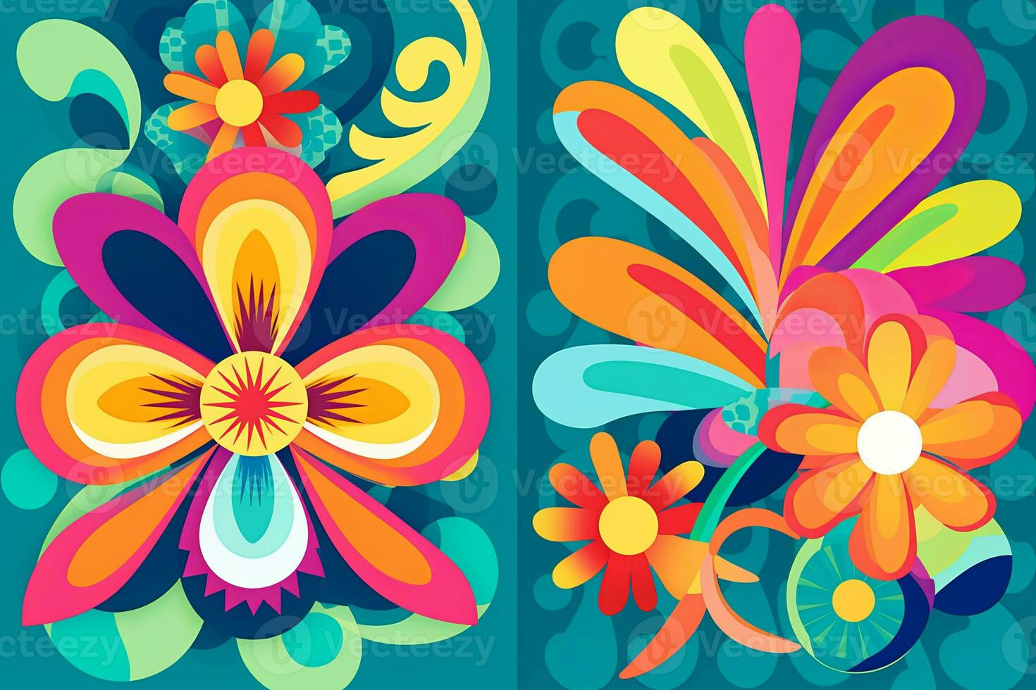 Colorful Vibrant Hand Drawn Radiant Unique Flowers Graphic Illustration Art generative AI photo
