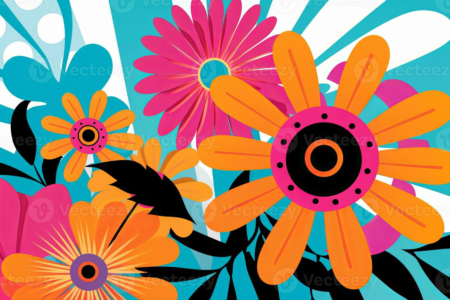 Colorful Vibrant Hand Drawn Radiant Unique Flowers Graphic Illustration Art generative AI photo