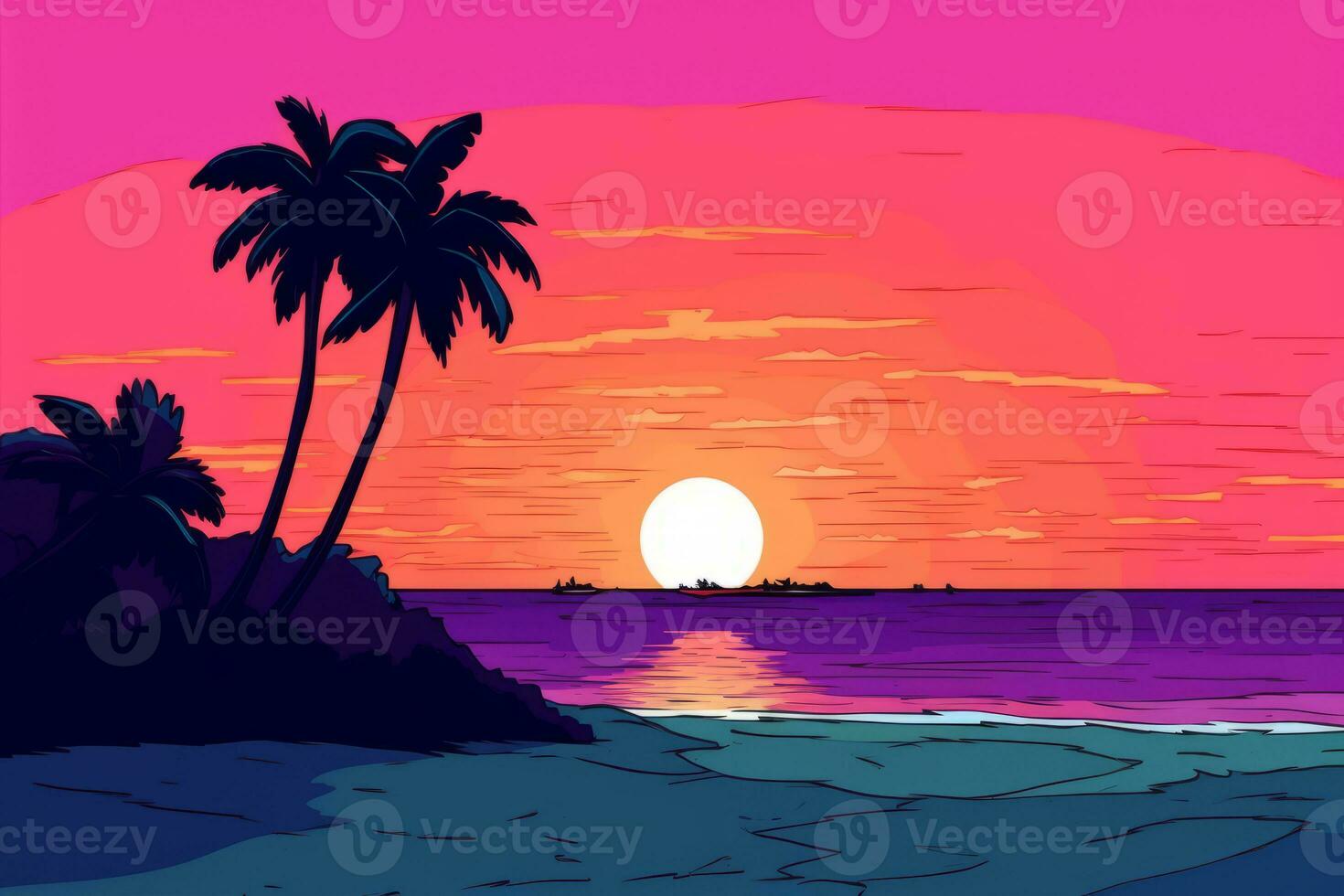 Colorized Drawing of a Tropical Twilight Beachscape generative AI ...