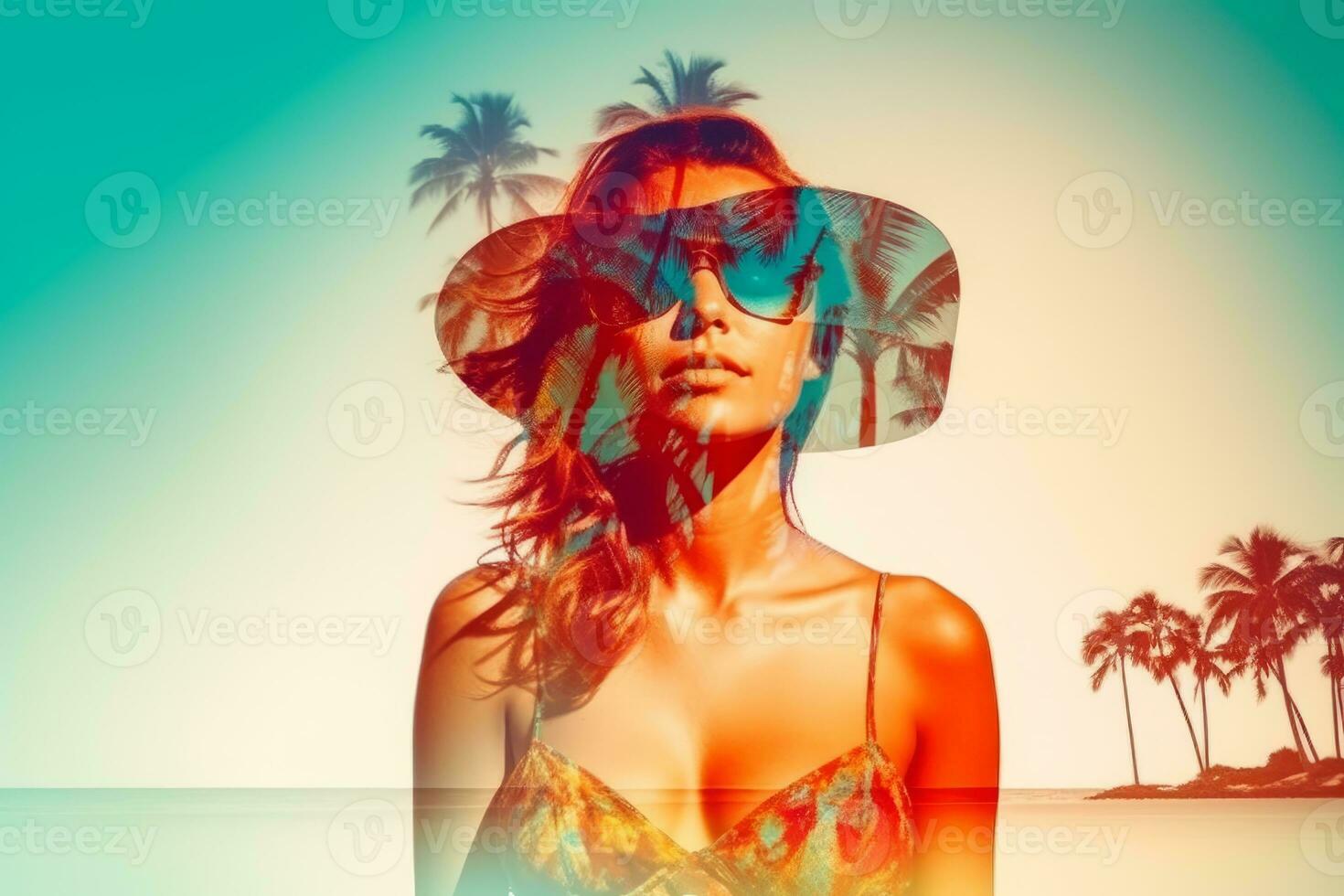 Double Exposure Summer Themed Portrait of a Woman generative AI photo
