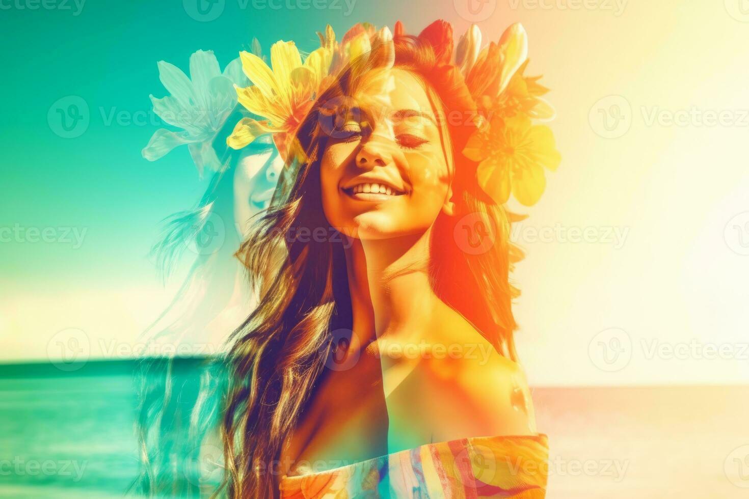 Double Exposure Summer Themed Portrait of a Woman generative AI photo