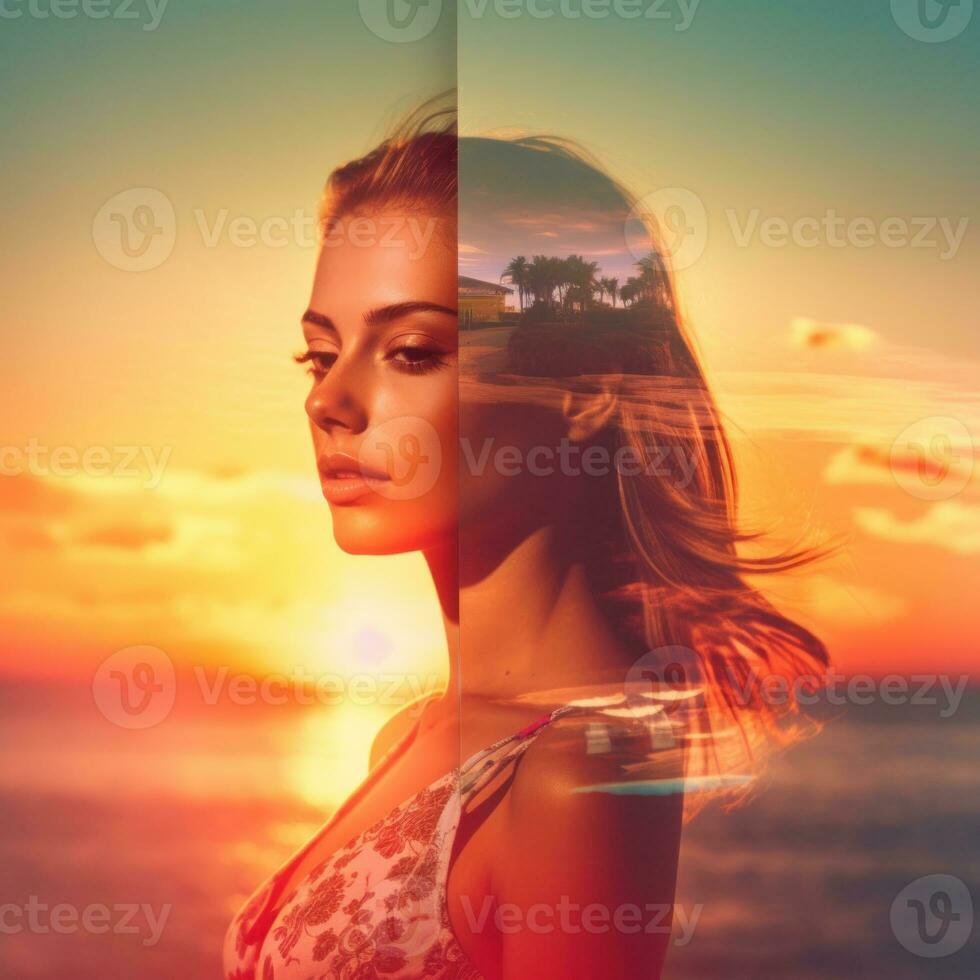 Double Exposure Summer Themed Portrait of a Woman generative AI photo