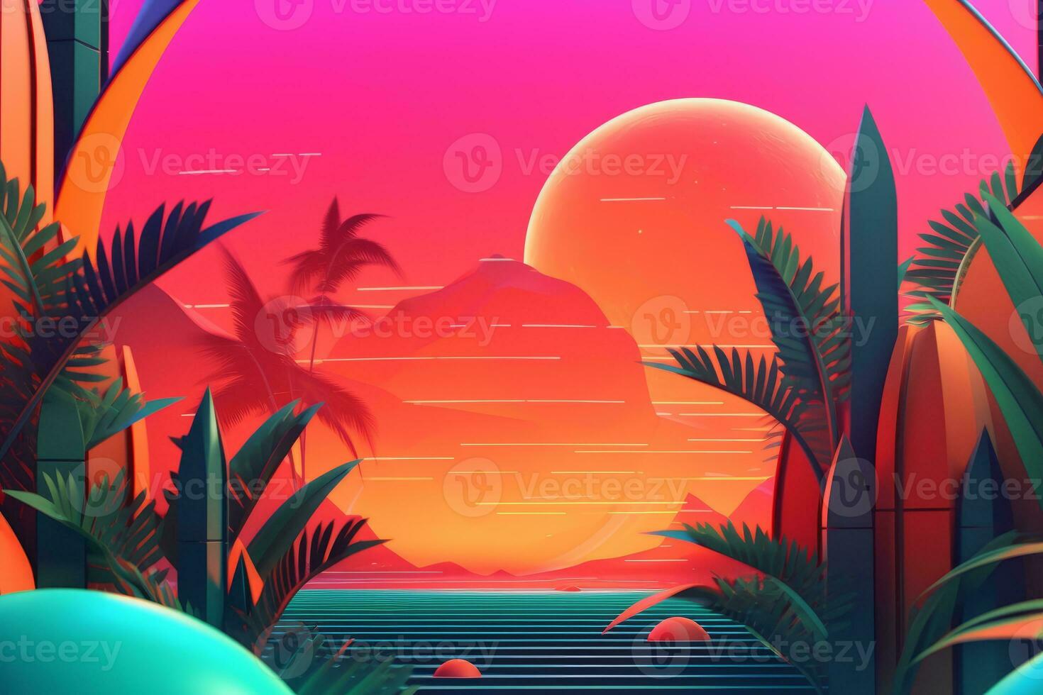 Glowing Tropical Themed 3D Abstract Background generative AI photo