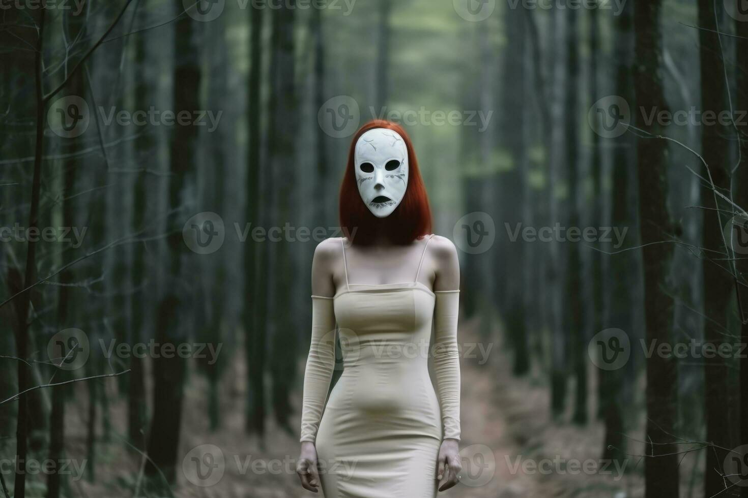 Masked Mysterious Woman in a Forest generative AI photo