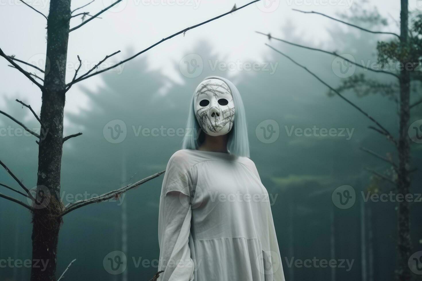 Masked Mysterious Woman in a Forest generative AI photo