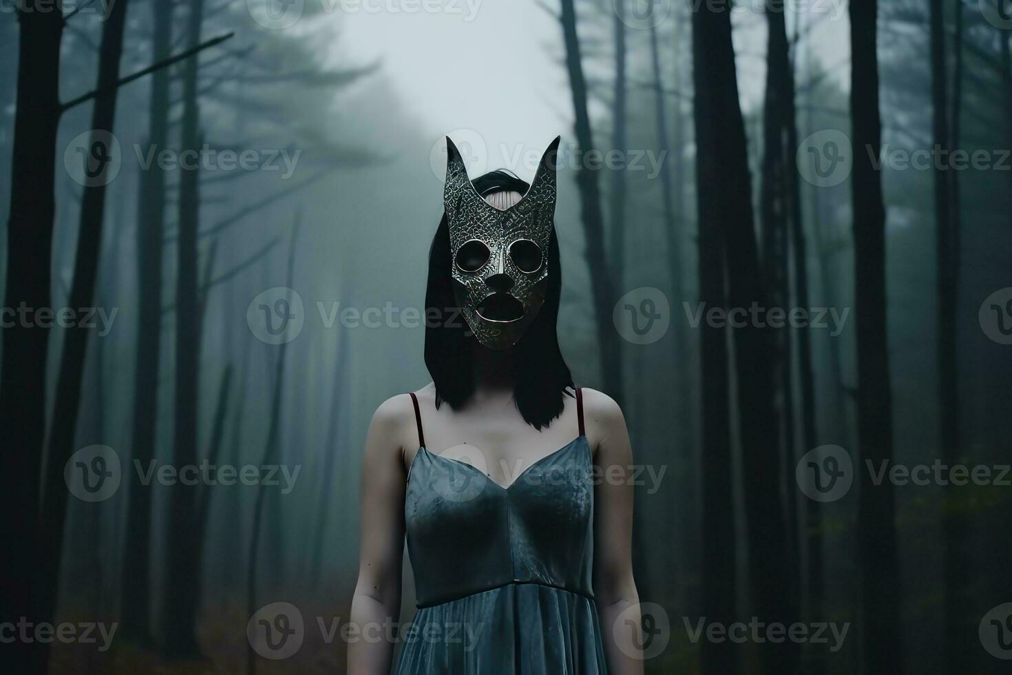 Masked Mysterious Woman in a Forest generative AI photo