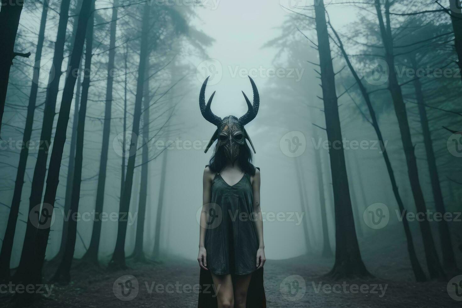 Masked Mysterious Woman in a Forest generative AI photo