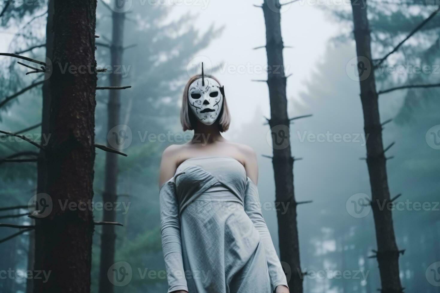Masked Mysterious Woman in a Forest generative AI photo
