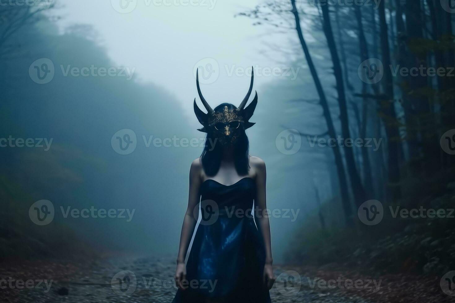 Masked Mysterious Woman in a Forest generative AI photo