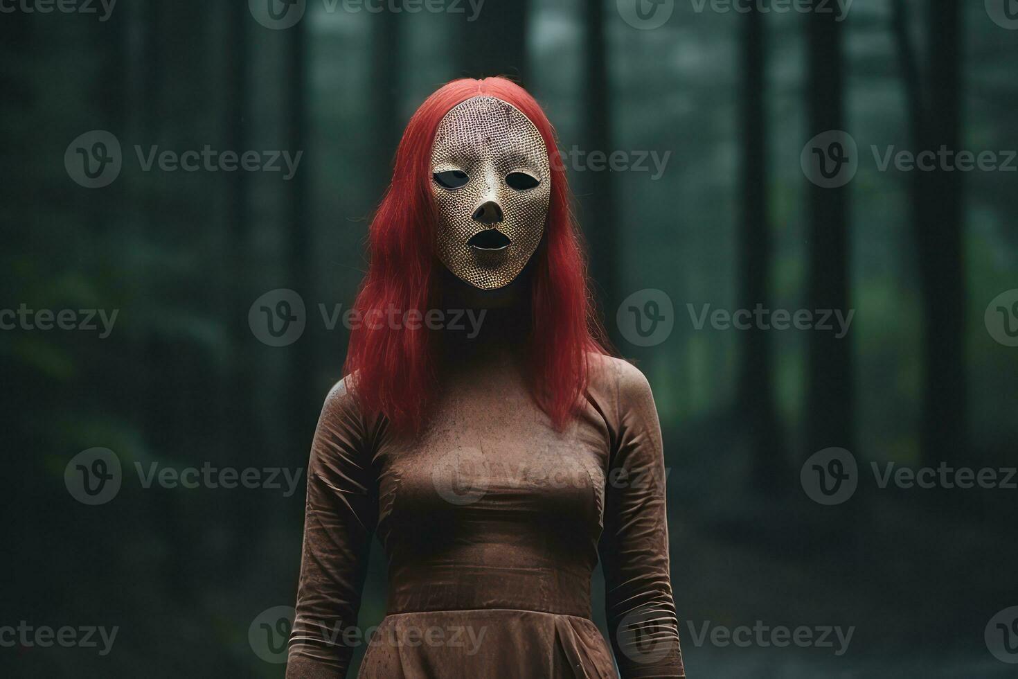 Masked Mysterious Woman in a Forest generative AI photo