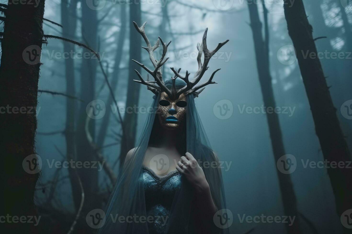 Masked Mysterious Woman in a Forest generative AI photo