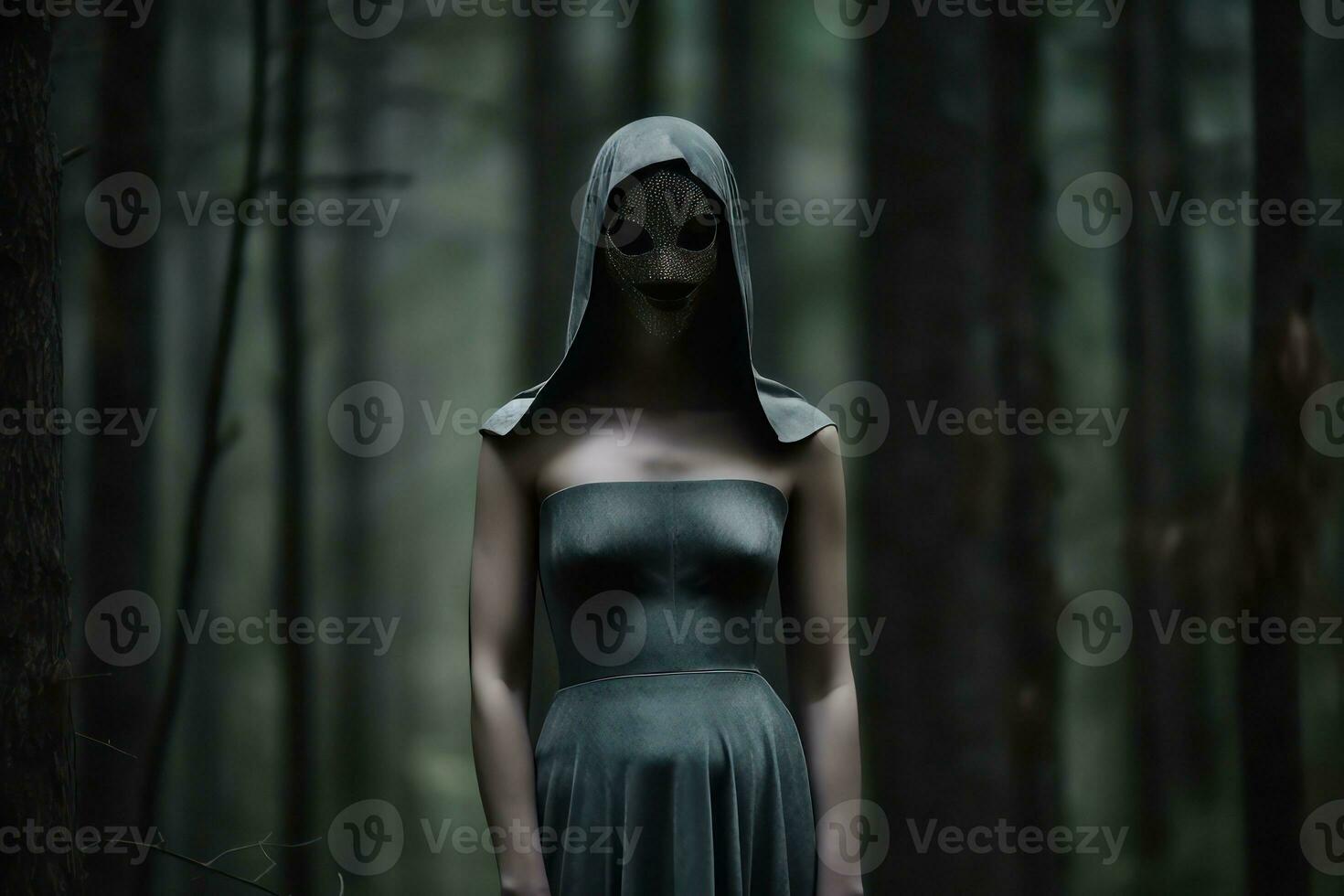 Masked Mysterious Woman in a Forest generative AI photo