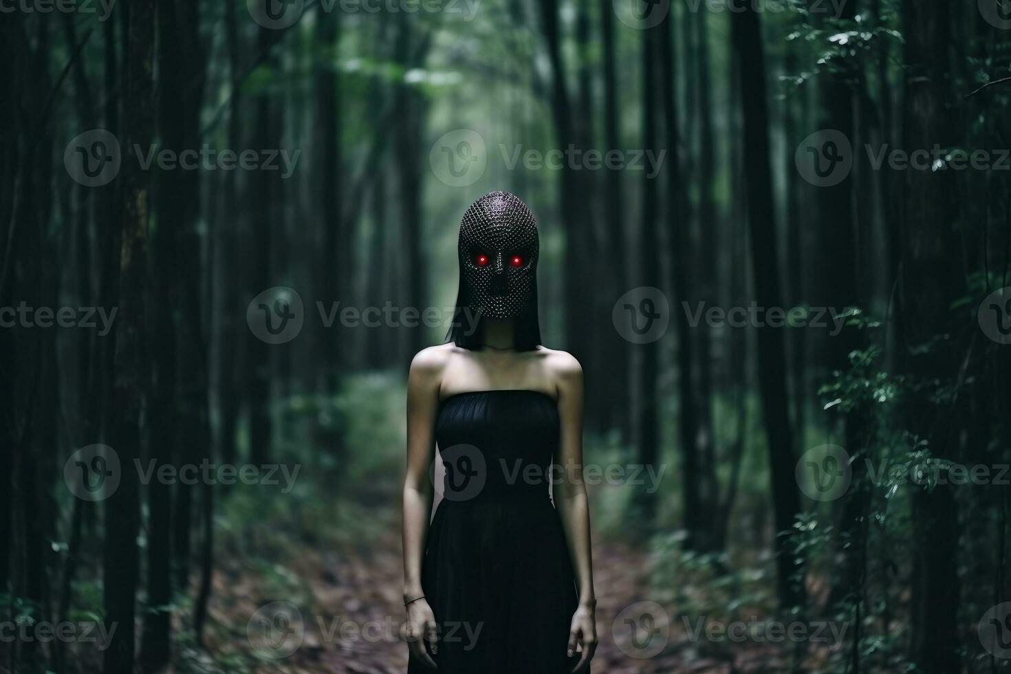 Masked Mysterious Woman in a Forest generative AI photo