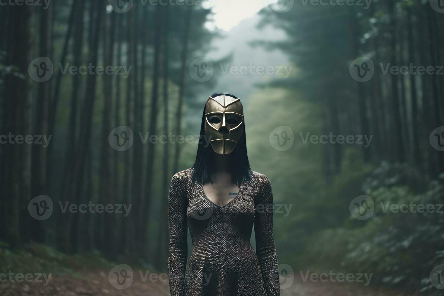 Masked Mysterious Woman in a Forest generative AI photo