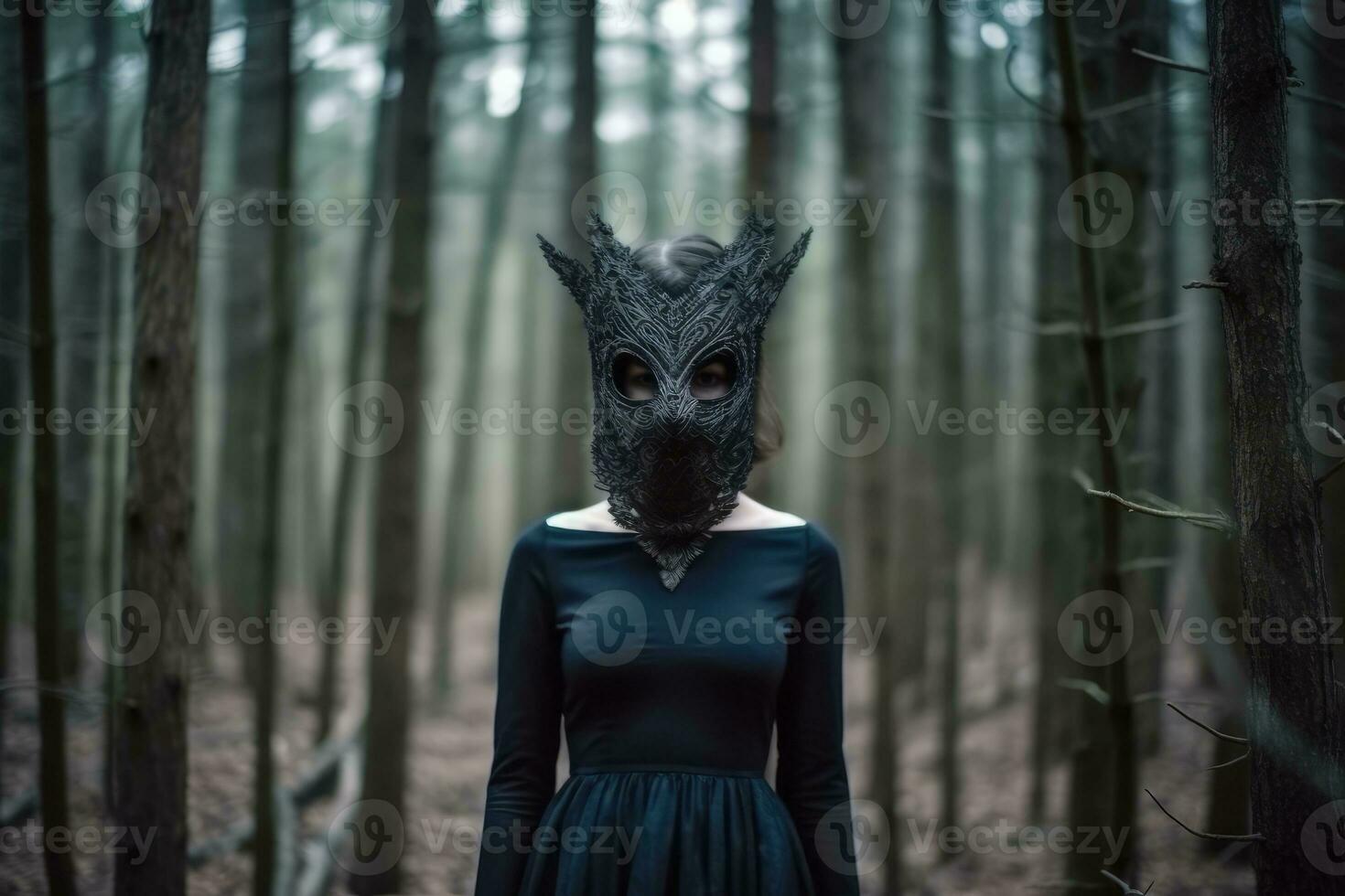 Masked Mysterious Woman in a Forest generative AI photo