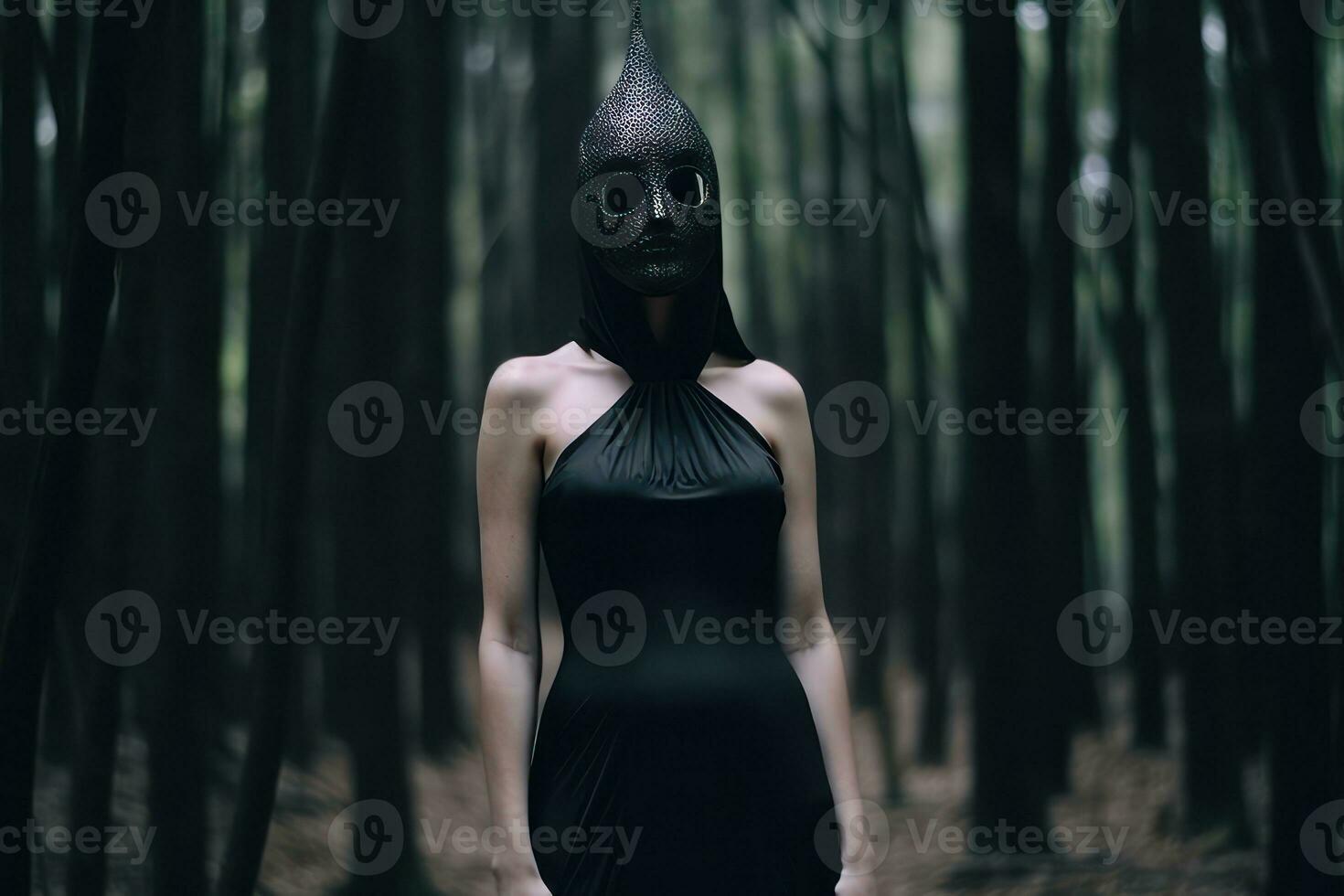 Masked Mysterious Woman in a Forest generative AI photo