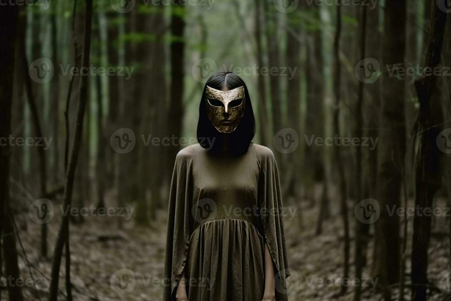 Masked Mysterious Woman in a Forest generative AI photo