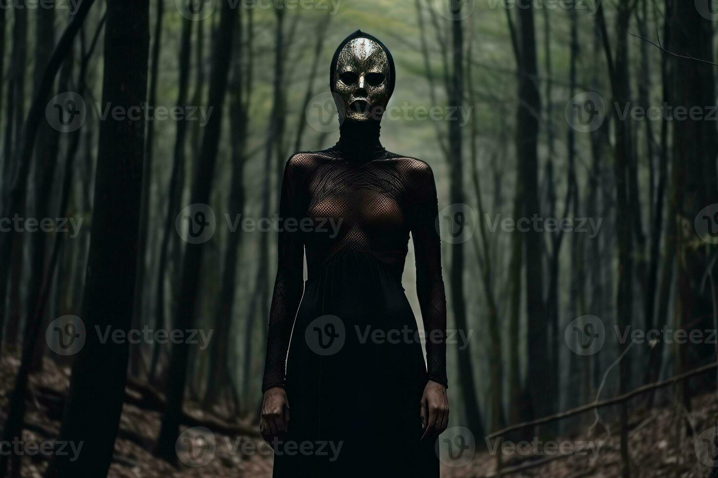 Masked Mysterious Woman in a Forest generative AI photo