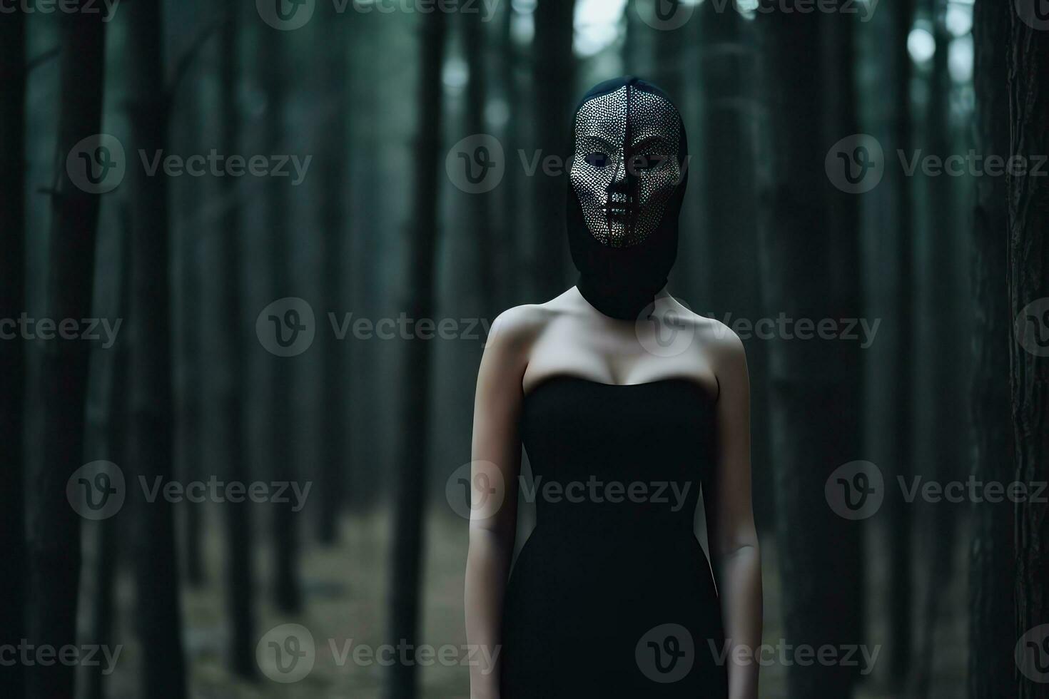 Masked Mysterious Woman in a Forest generative AI photo