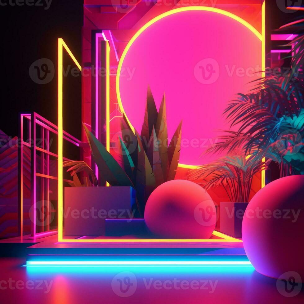 Neon Tropical Synthwave Theme 3D Abstract Background generative AI photo