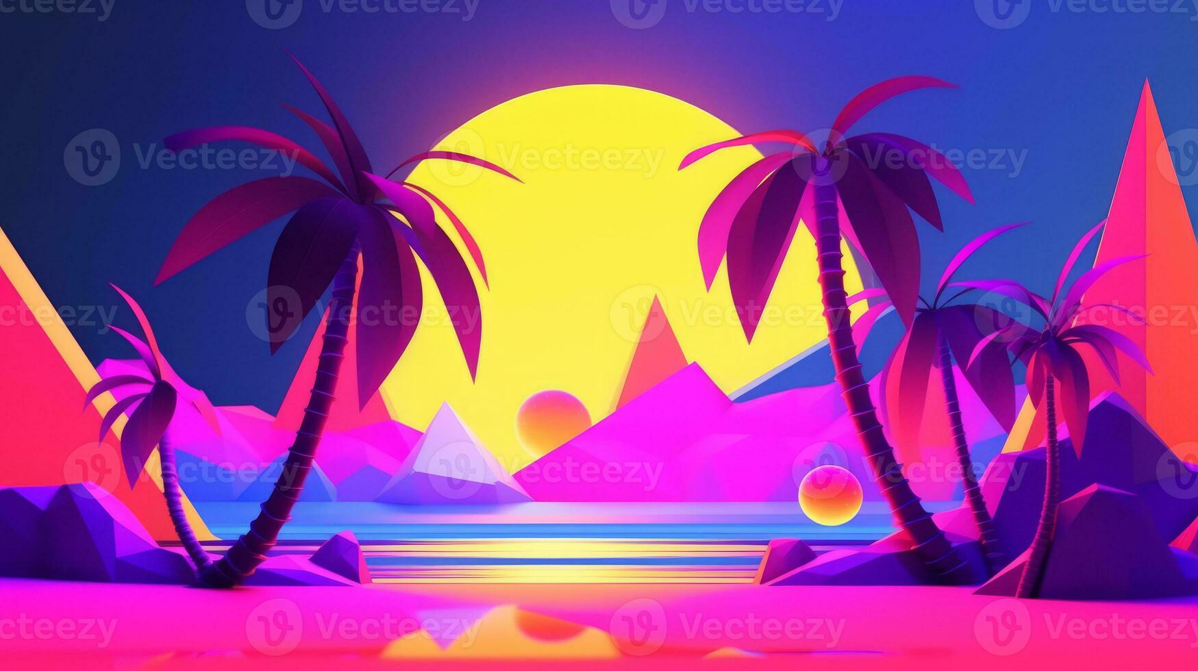 Neon Tropical Synthwave Theme 3D Abstract Background generative AI photo