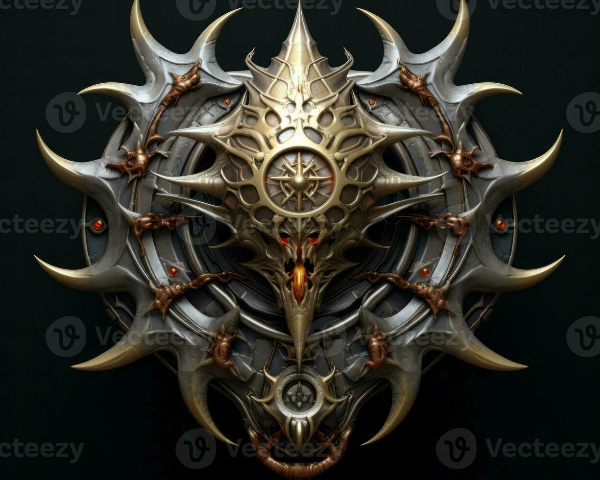 a 3d illustration of an ornate shield on a black background generative ai photo