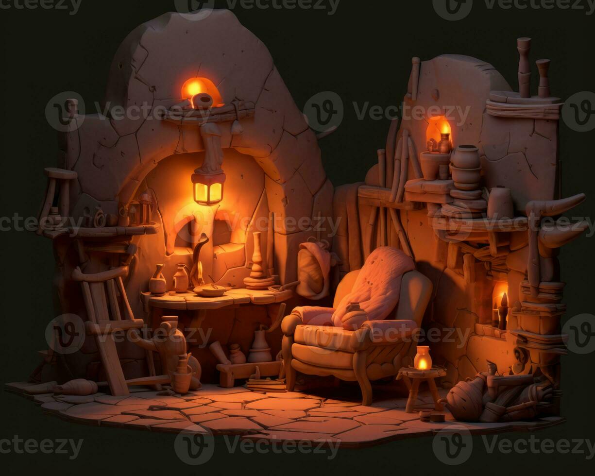 a 3d rendering of a room with a fireplace generative ai photo
