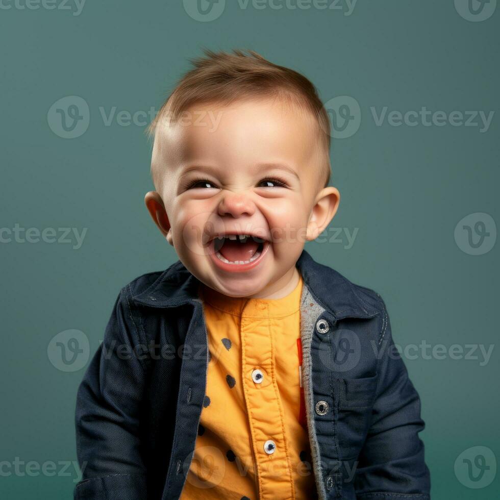 a baby laughing in front of a blue background generative ai photo