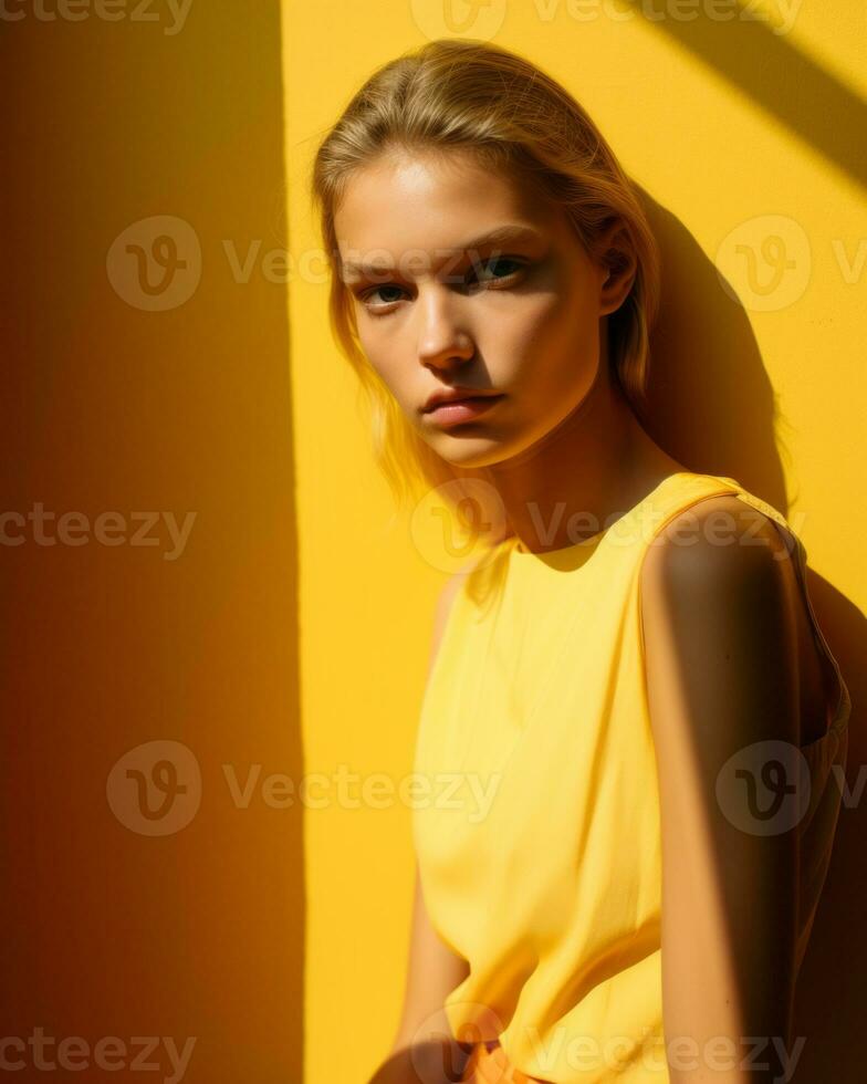 a beautiful blonde woman in a yellow dress posing in front of a yellow wall generative ai photo