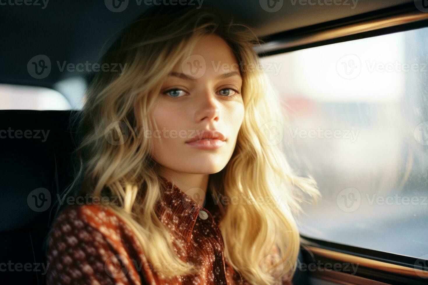 a beautiful blonde woman sitting in the back seat of a car generative ai photo