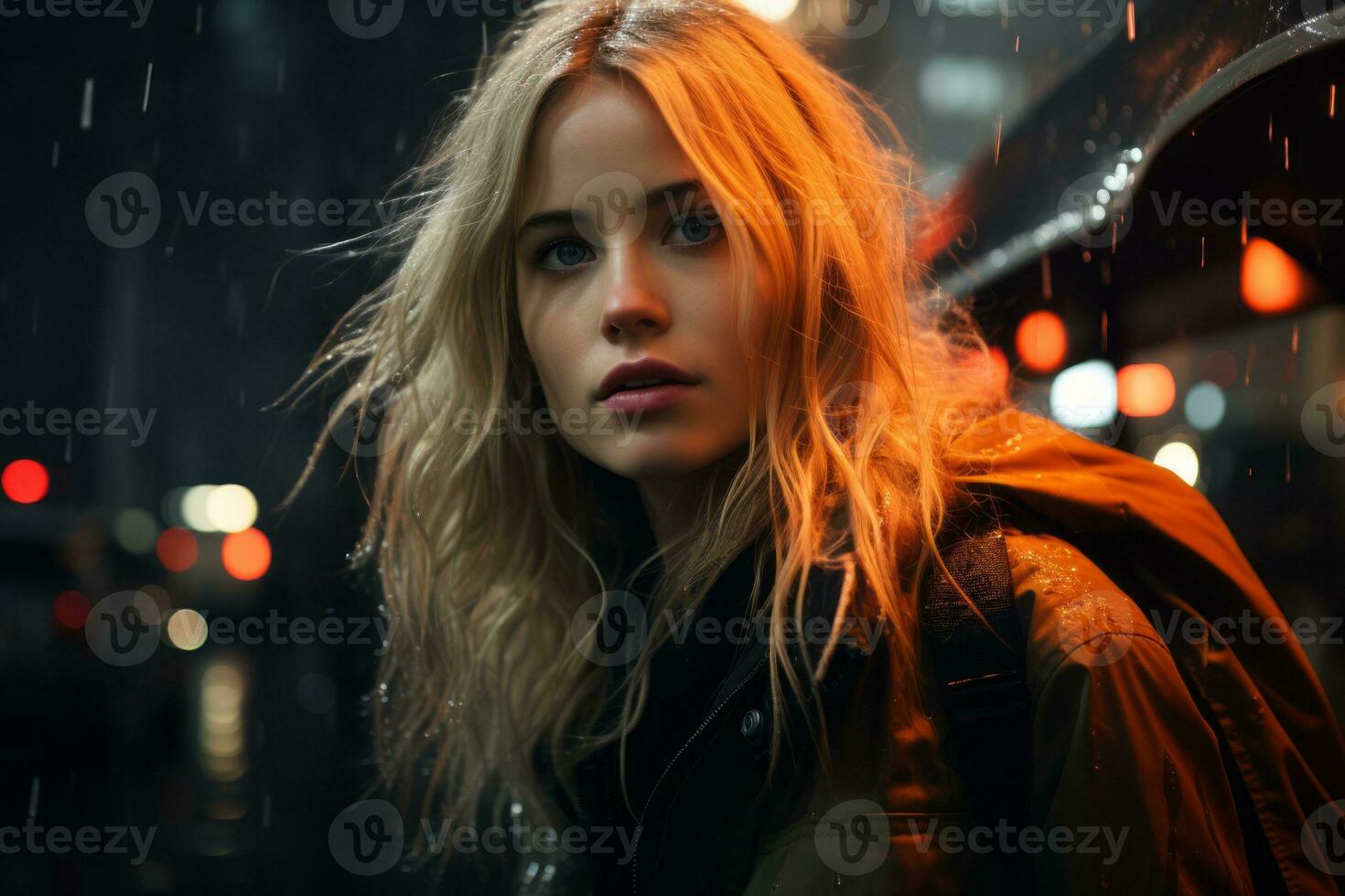 a beautiful blonde woman standing in the rain at night generative ai photo