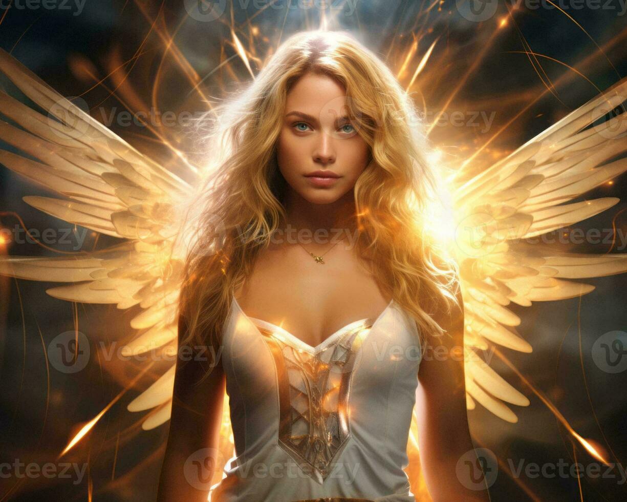 a beautiful blonde woman with golden wings generative ai photo