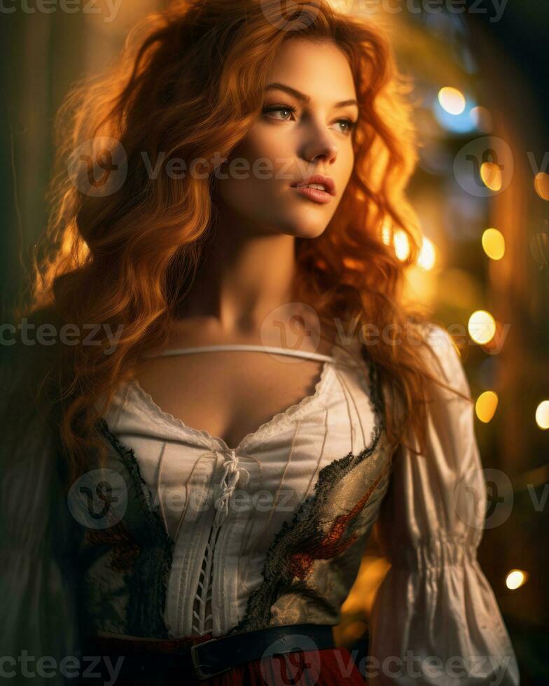 a beautiful red haired woman in a medieval costume generative ai photo