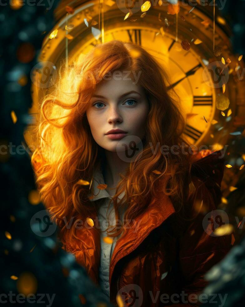 a beautiful red haired woman in an orange jacket with a clock in front of her generative ai photo