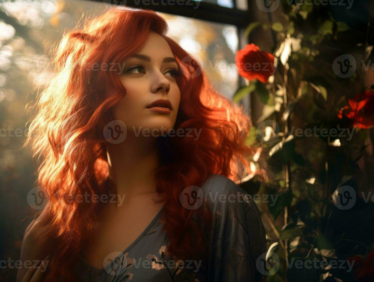 a beautiful red haired woman with long hair standing in front of a window generative ai photo