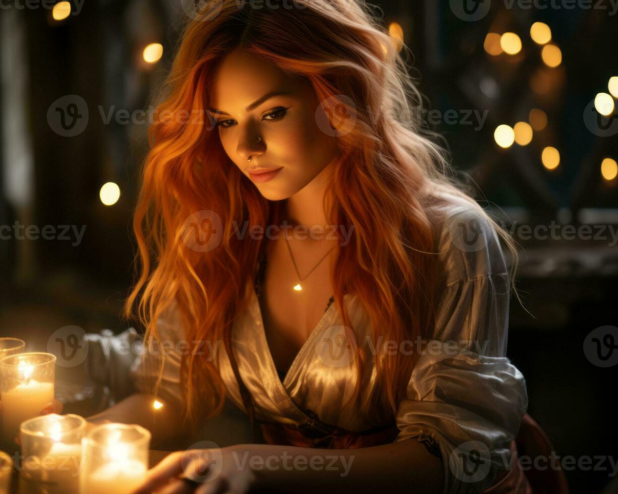 a beautiful red haired woman with long hair is sitting in front of candles generative ai photo
