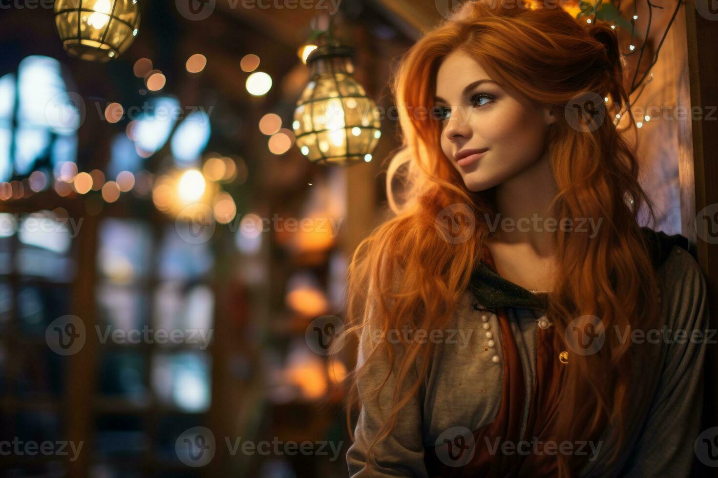 a beautiful red haired woman with long hair standing in front of some lights generative ai photo