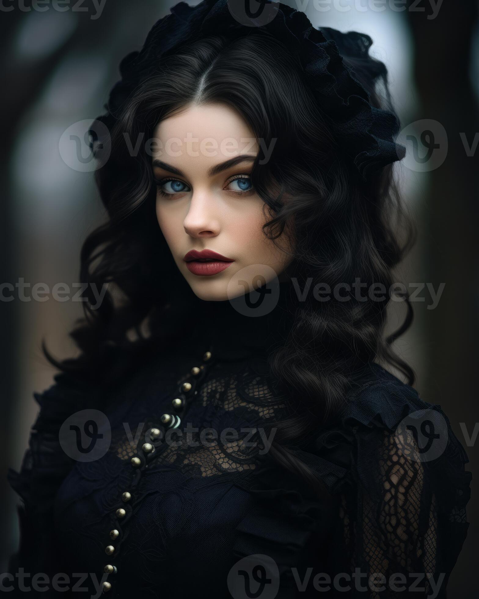 a beautiful woman in a black dress with blue eyes generative ai