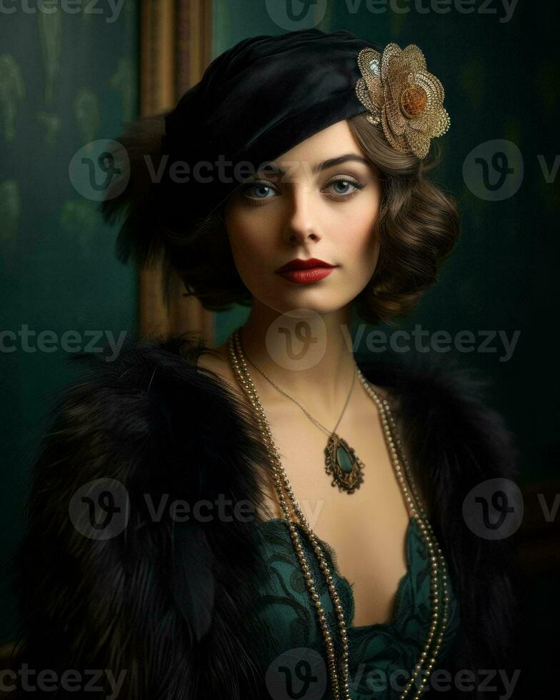 a beautiful woman in a black hat and fur coat generative ai photo