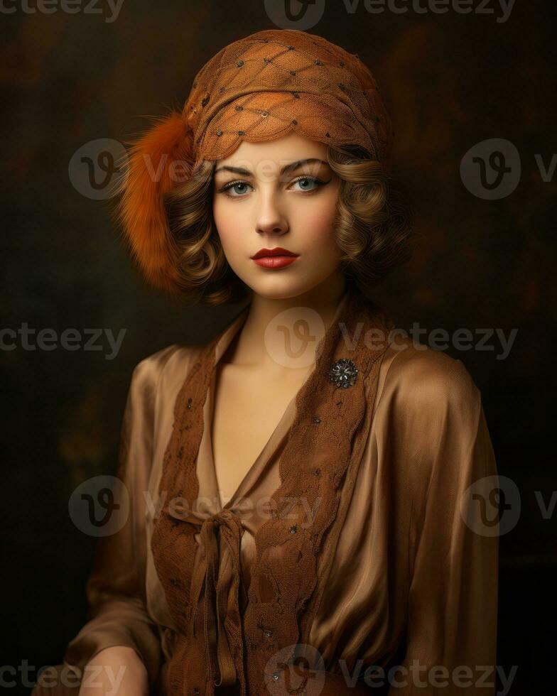 a beautiful woman in a brown dress and hat generative ai photo