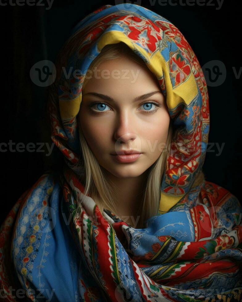 a beautiful woman in a colorful scarf generative ai photo