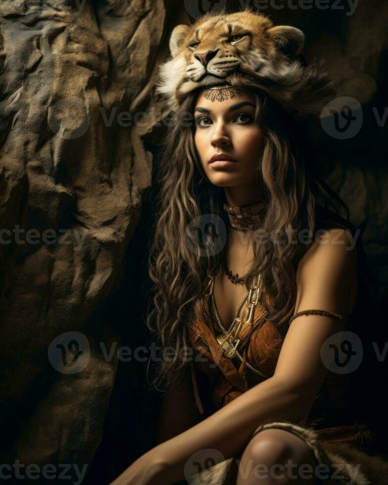 a beautiful woman in a costume with a tiger head generative ai photo