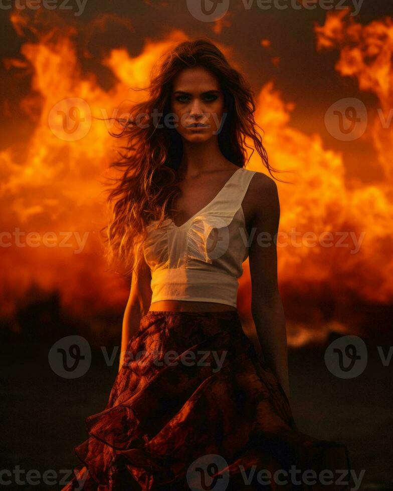 a beautiful woman in a dress standing in front of a fire generative ai photo