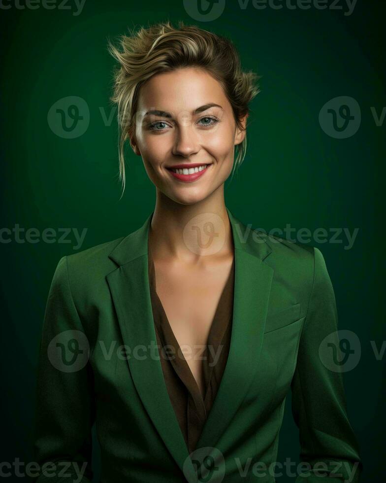 a beautiful woman in a green suit posing for the camera generative ai photo