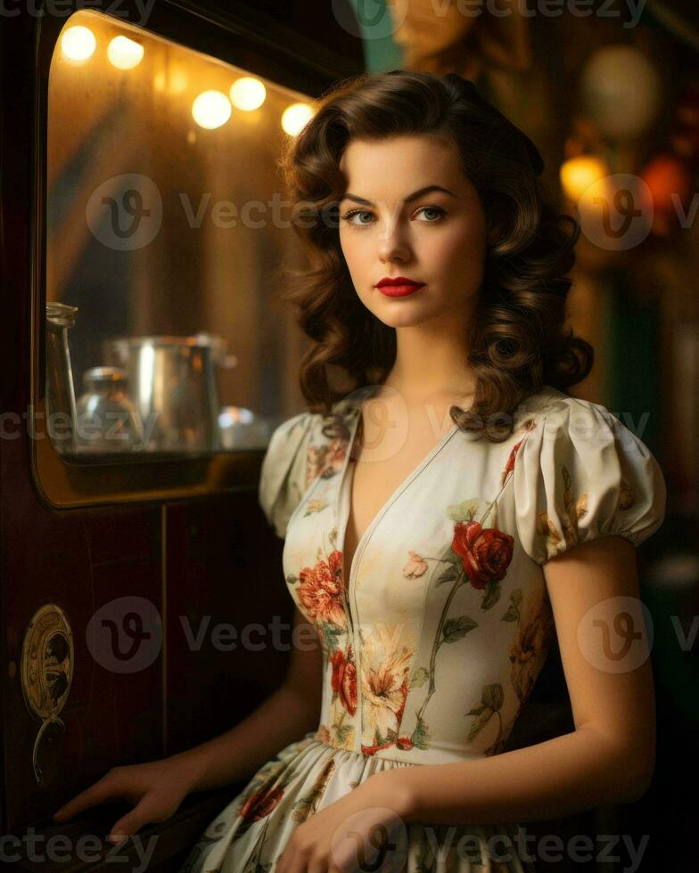 a beautiful woman in a floral dress standing in front of a vintage car generative ai photo