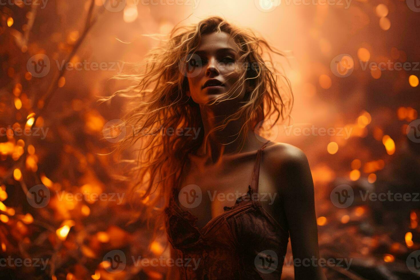 a beautiful woman in a forest with fire in the background generative ai photo
