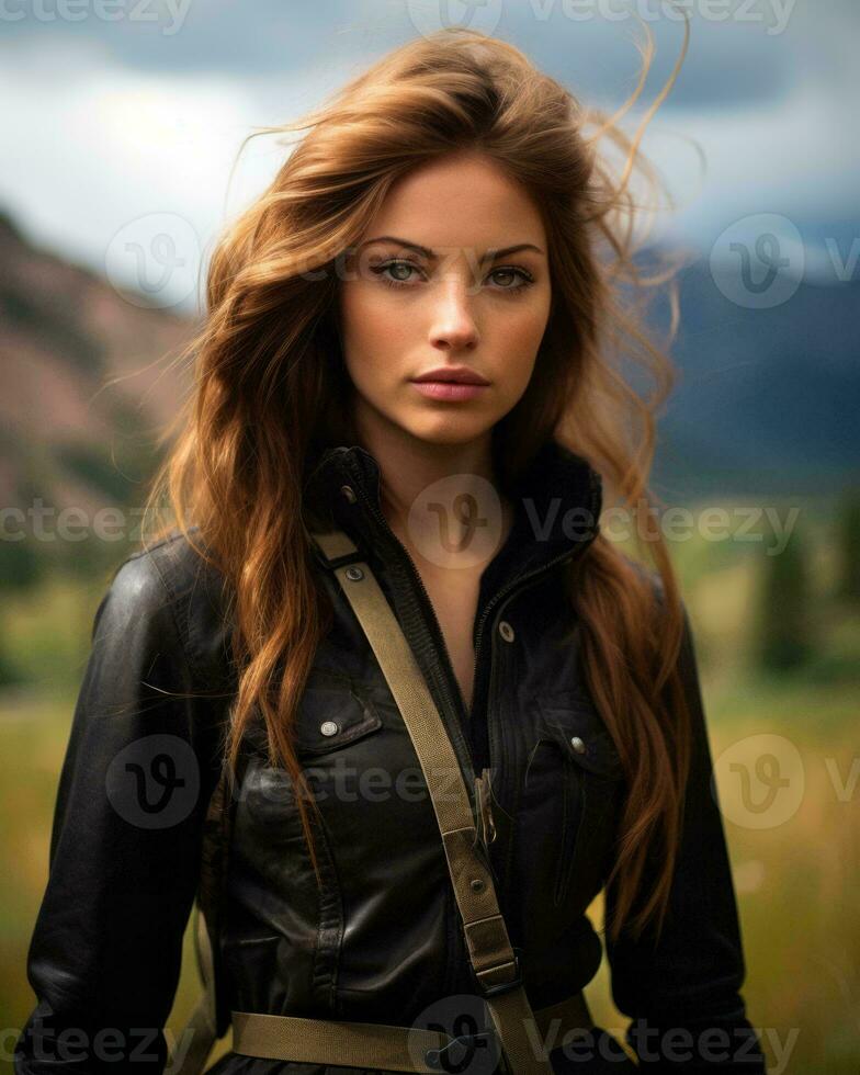 a beautiful woman in a leather jacket standing in a field generative ai photo