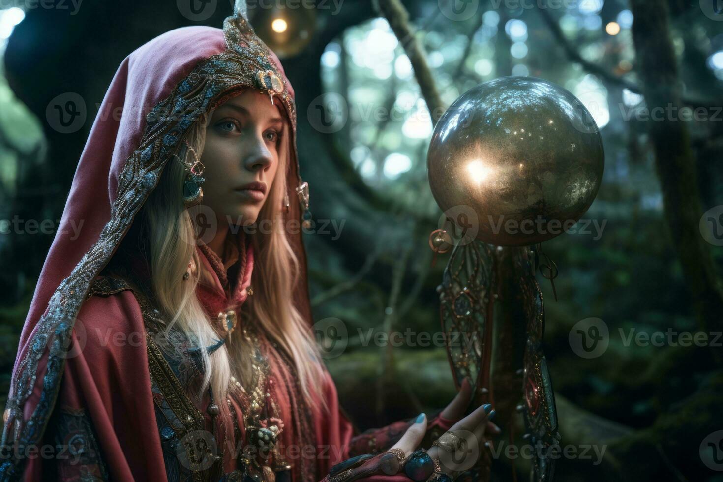 a beautiful woman in a red cloak holding a ball of light generative ai photo